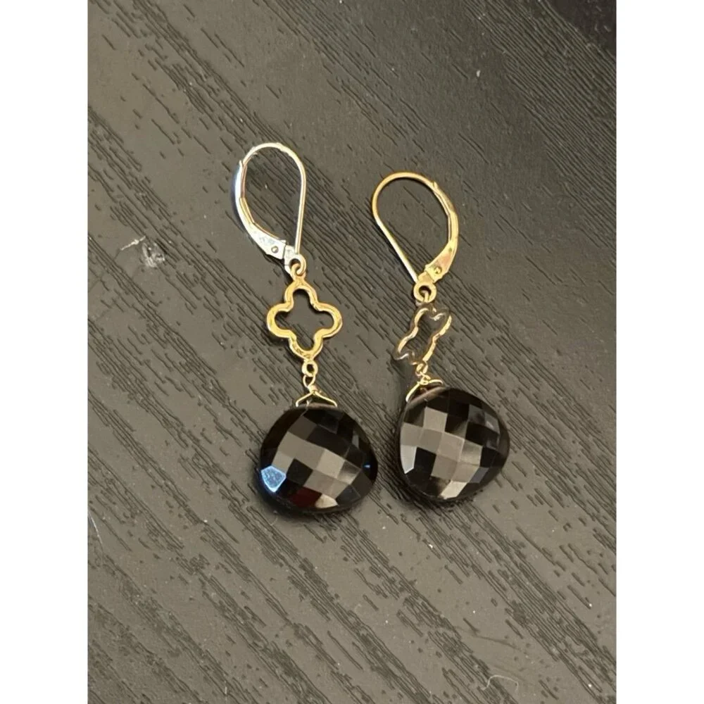 14K‎ Gold Clover Smoky Topaz Dangle Earrings